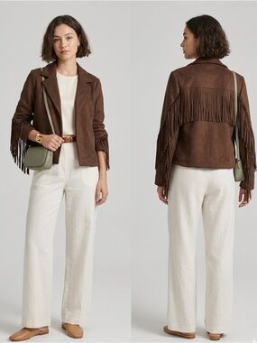 For The Republic Brown Faux Suede Fringe Jacket XS